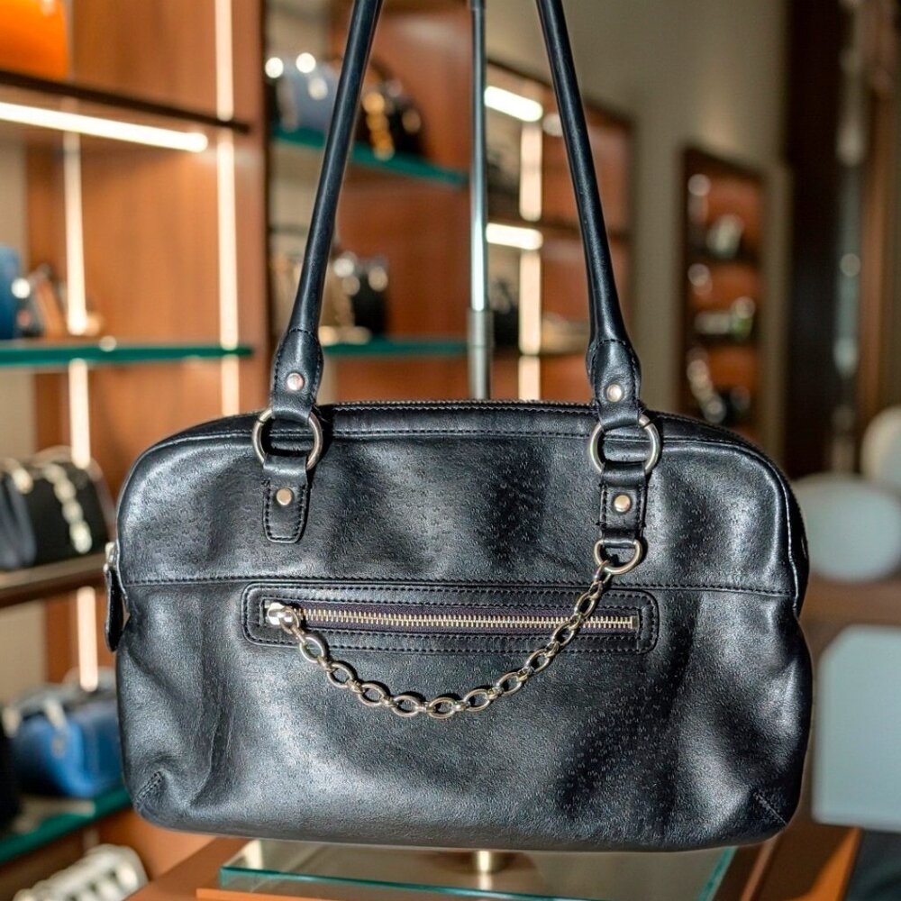 Jones New York Black Leather Satchel Bag Silver Chain Detail Y2K Medium